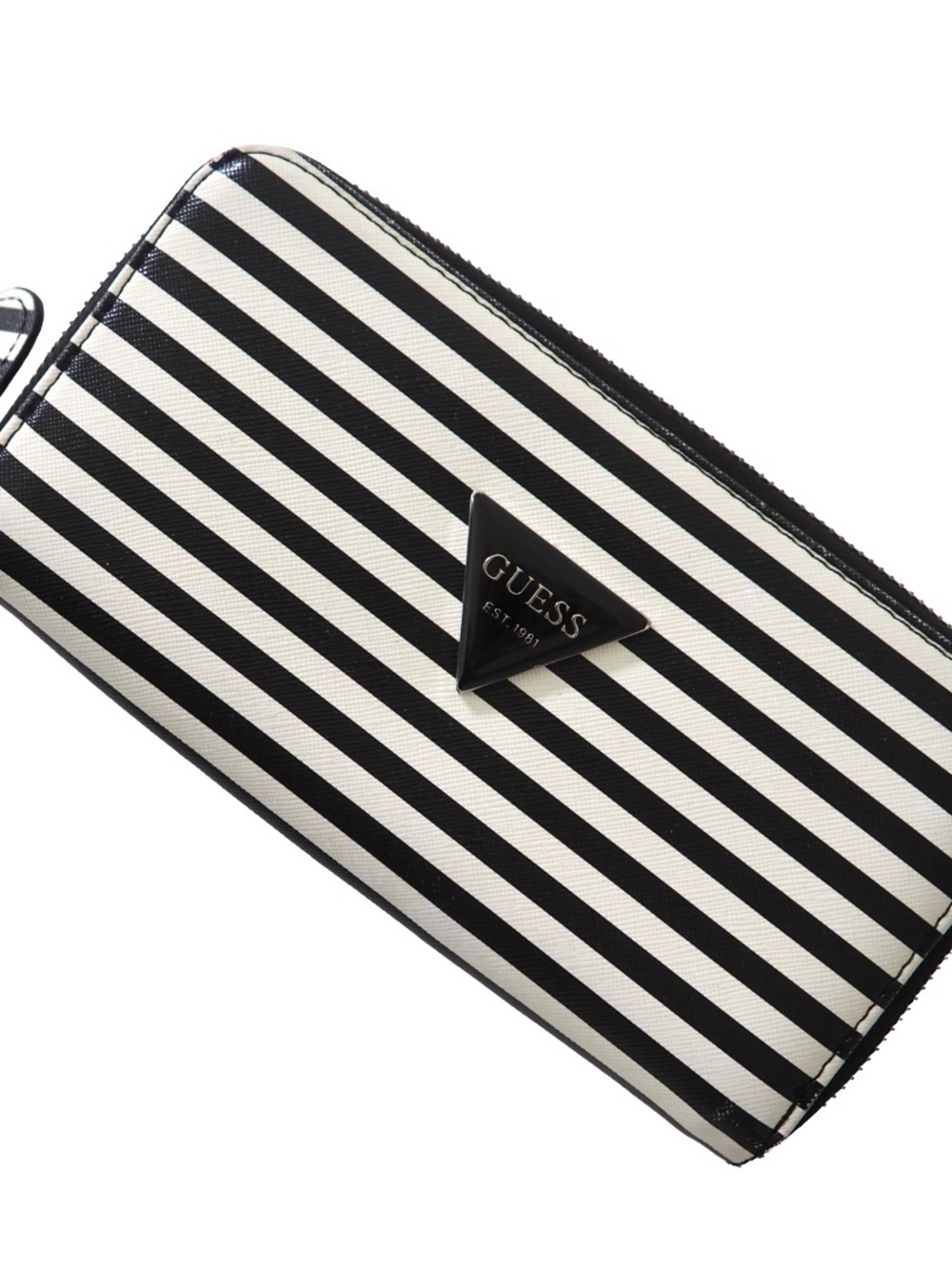 GUESS Black and White Striped Zip-Around Wallet